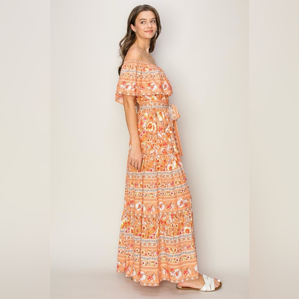 Off the Shoulder Floral Orange Maxi Dress NWT - Picture 4 of 10